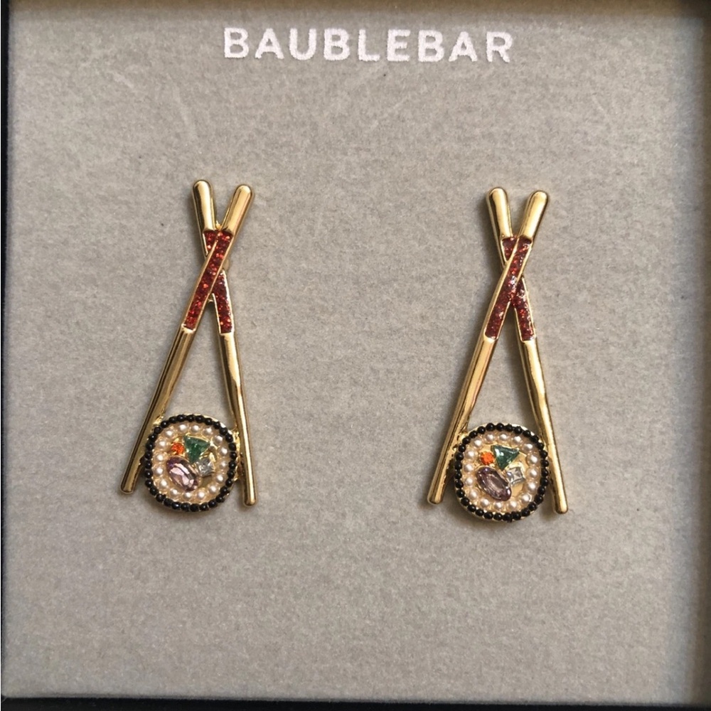 BaubleBar Gold Tone Chopsticks & Sushi Roll Drop Earrings Crystal Accents NIB - Picture 6 of 10